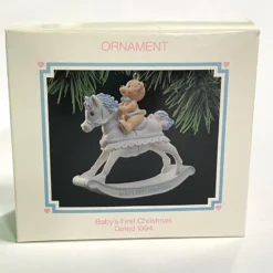 1994 Baby's 1st Christmas Blue Rocking Horse With Bear (Slightly Damaged Box)